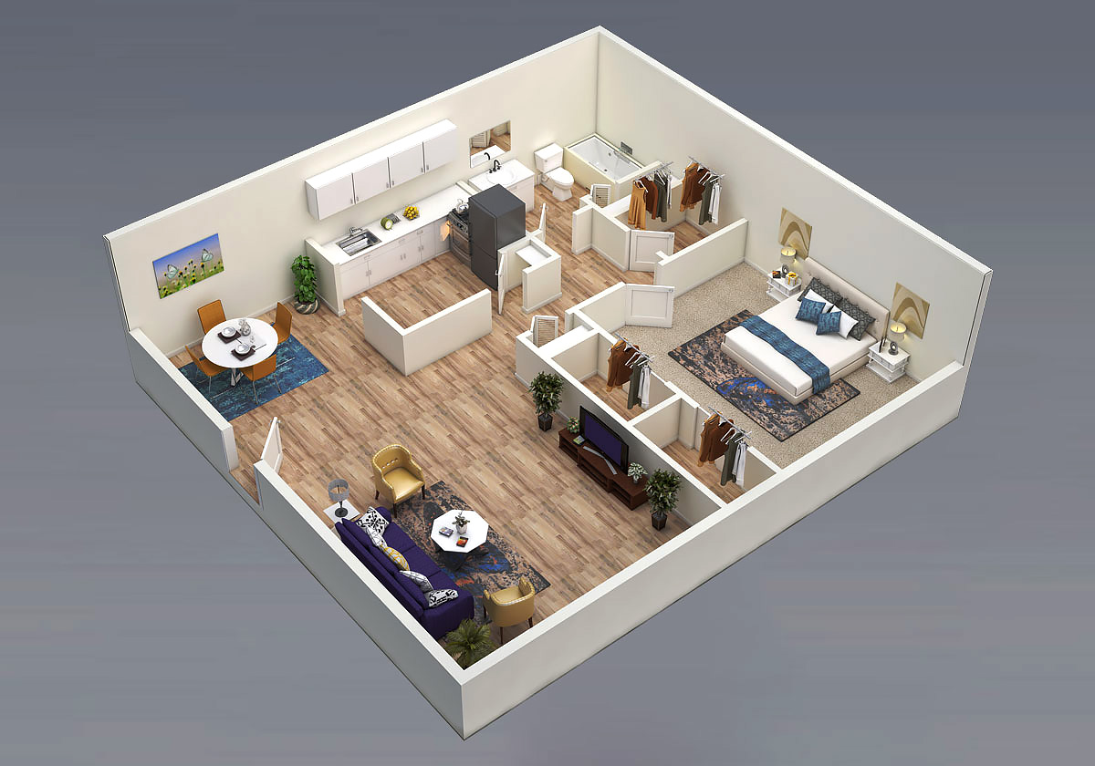 3D Floor Plan 1Bed 1Bath