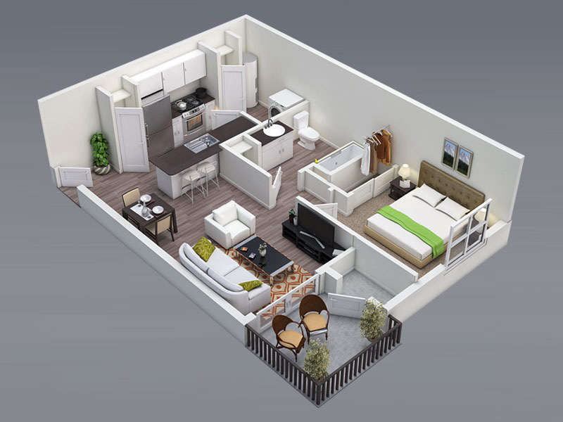 3D Floor Plan 1Bed 1Bath
