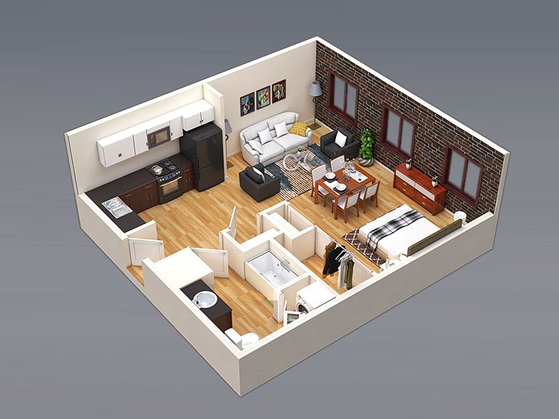 3D Floor Plan 1Bed 1Bath