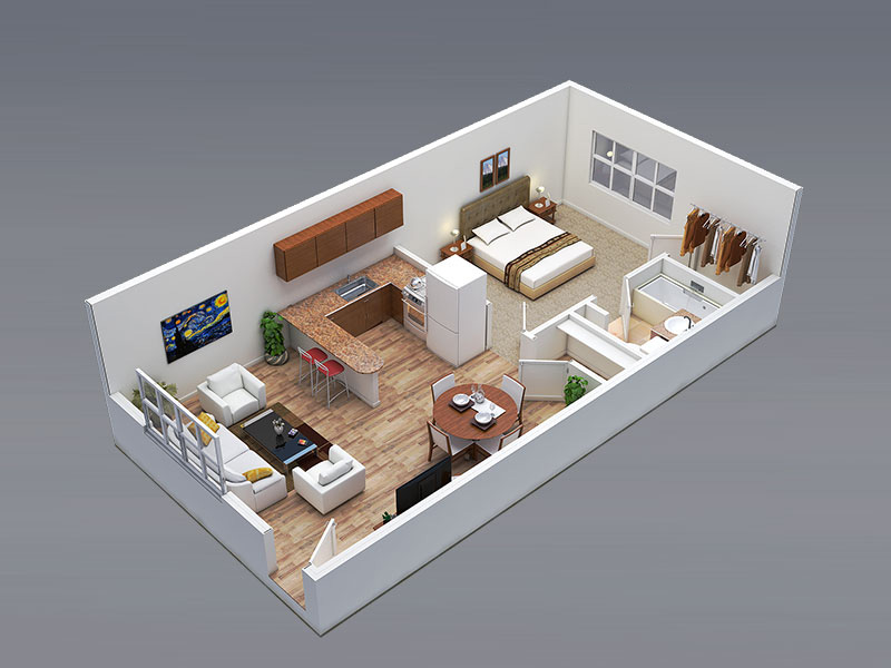 3D Floor Plan 1Bed 1Bath