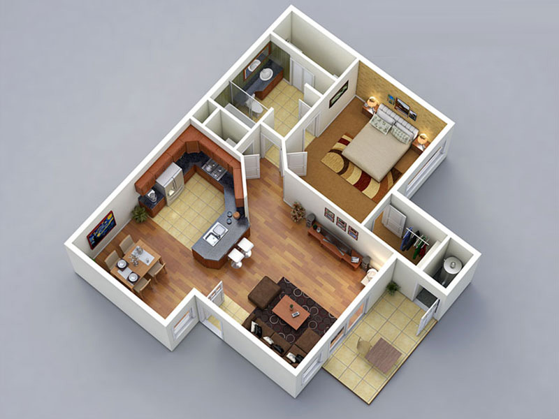 3D Floor Plan 1Bed 1Bath Top View