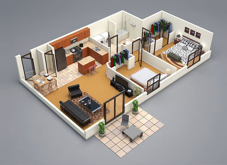 3D Floor Plan 2Bed 1Bath