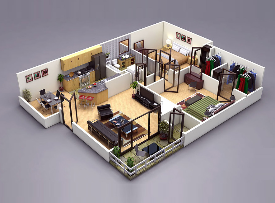3D Floor Plan 2Bed 1Bath