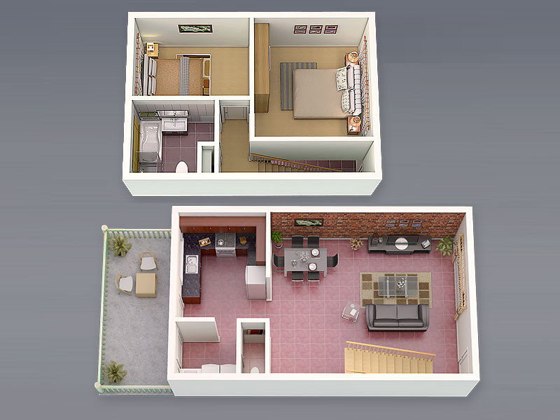3D Floor Plan 2Bed 1.5Bath