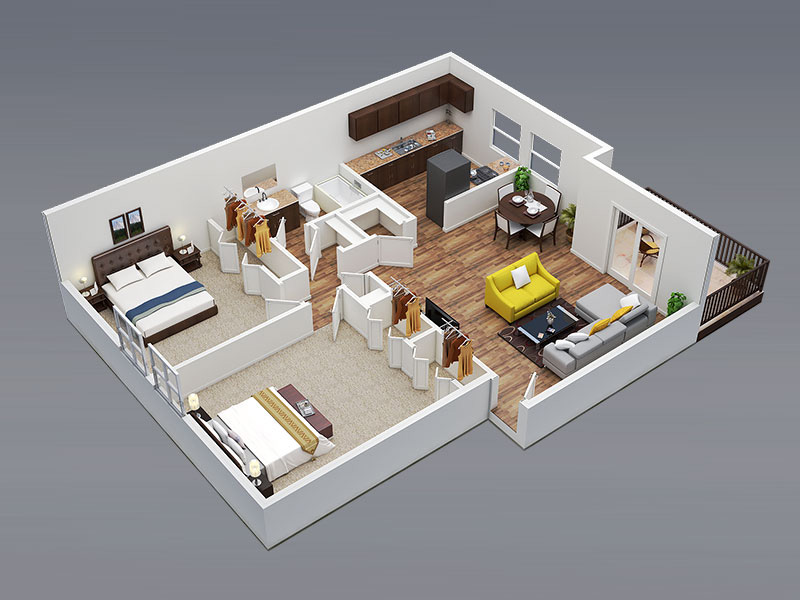 3D Floor Plan 2Bed 1Bath