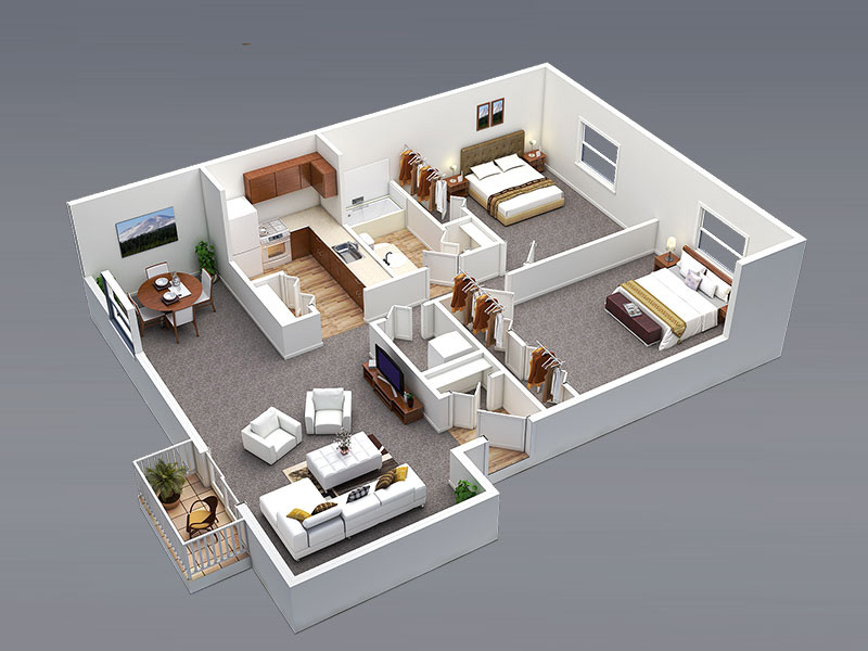 3D Floor Plan 2Bed 1Bath
