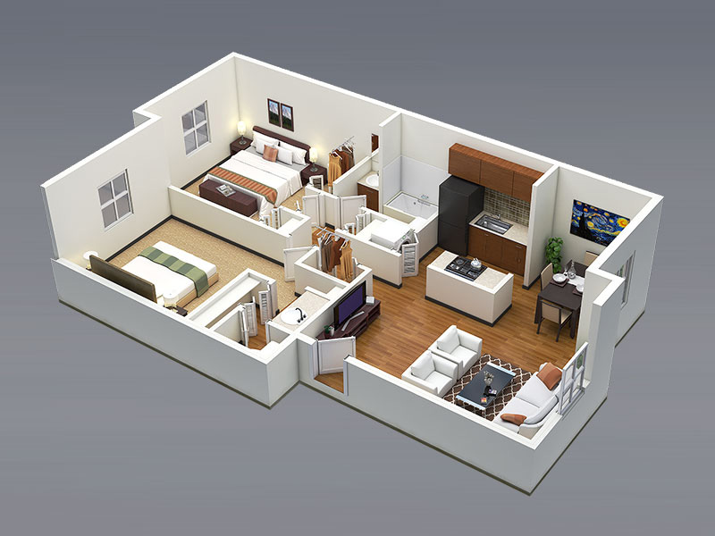 3D Floor Plan 2Bed 1Bath