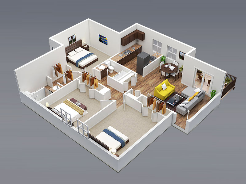 3D Floor Plan 3Bed 2Bath