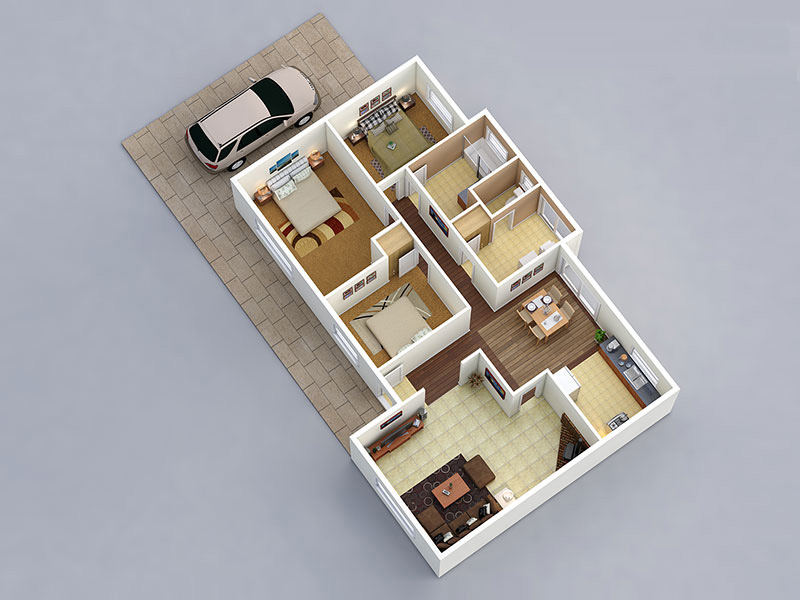 3D Floor Plan 3Bed 2Bath Top View