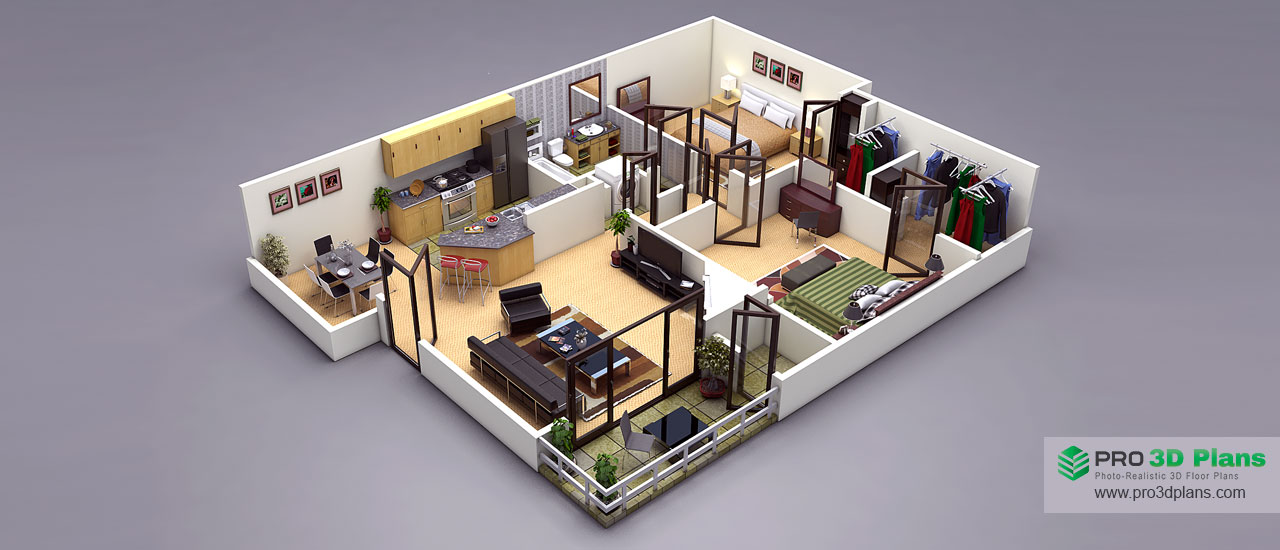 Professional 3D floor plan visualization showing a 2 bedroom 1 bath layout